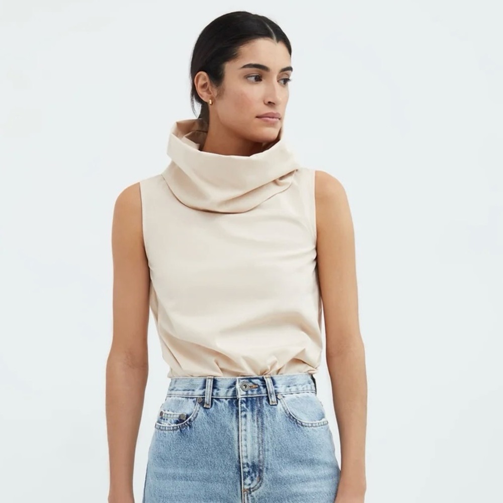 Sleeveless Cowl Neck Blouse in Light Beige